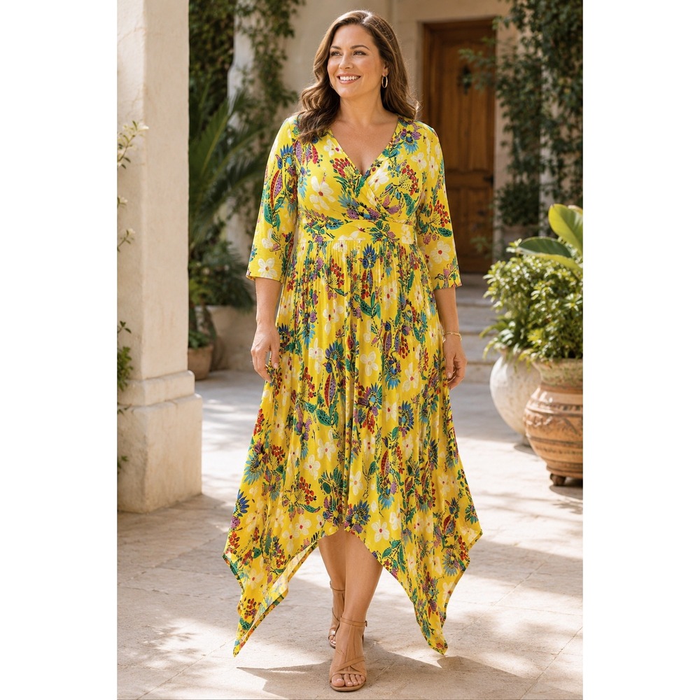 Melissa McCarthy Seven7 Dress Womens 1X Yellow Floral Hummingbird Handkerchief